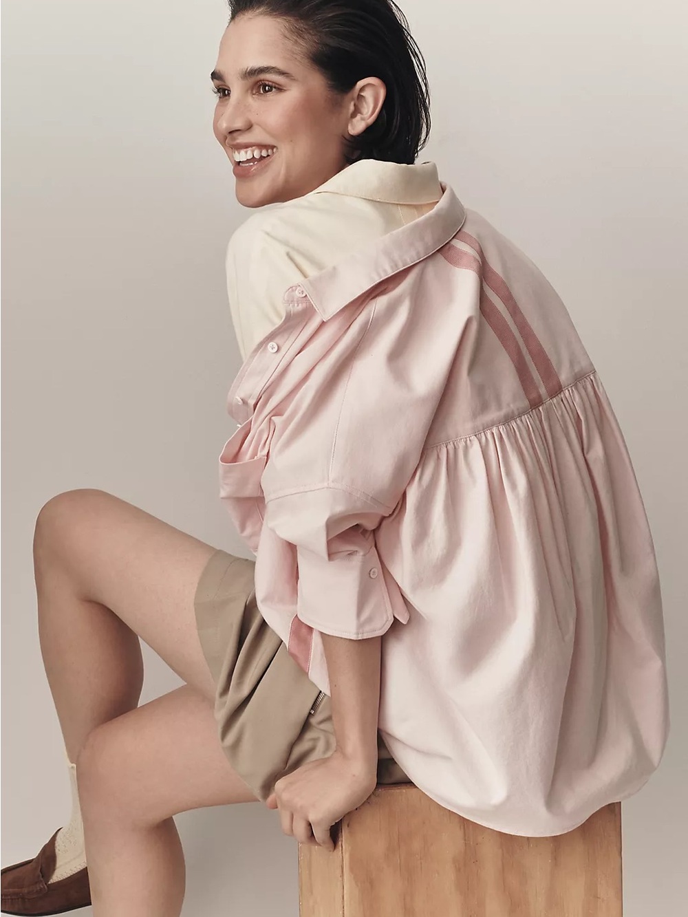 Maeve Boxy OxFord Light Pink Oversized Button-Up Shirt - Picture 5 of 8